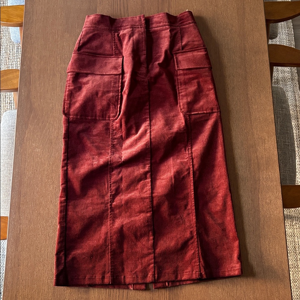 MELLODAY - A-line Deep Burgundy Corduroy Midi Pocket Skirt